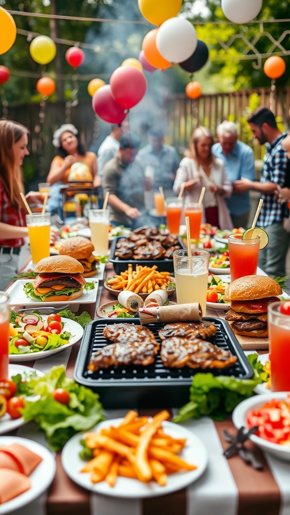 Outdoor barbecue setup with burgers, salads, and drinks for a 50th birthday celebration.